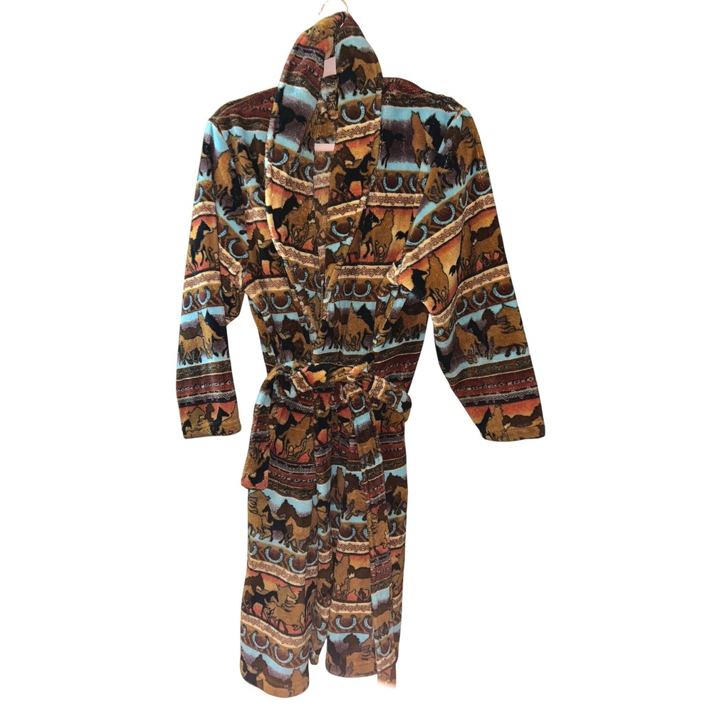 Earth Ragz Horse Horseshoe Print‎ Fleece Robe Southwestern Western Brown Blue